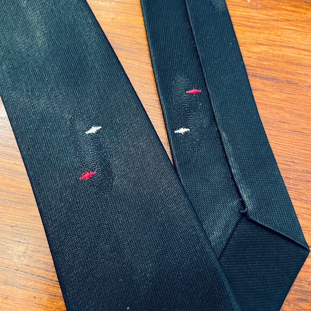 Vintage Black Narrow 1960s mohair tie with Small White & Red Diamond Shapes